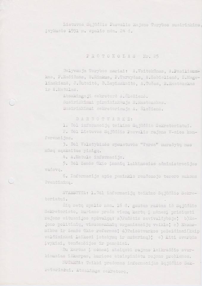 Lietuvos Sajūdžio Pasvalio rajono Tarybos susirinkimo, įvykusio 1991 m. spalio 24 d.,  PROTOKOLAS Nr. 25